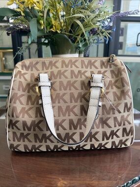 Michael Kors Beige and White MK Logo Satchel